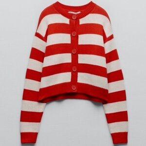 NWT ZARA STRIPED KNIT CARDIGAN SIZE M RED WHITE 5802/132/104